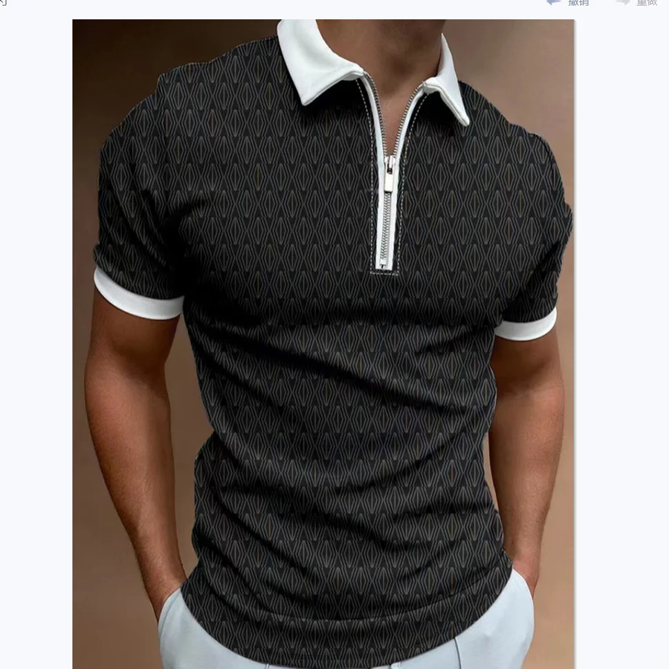 Summer business fashion lapel slim fit casual knit Tshirt Mens Sports Fitness High quality printed zipper breathable Polo shir 240819