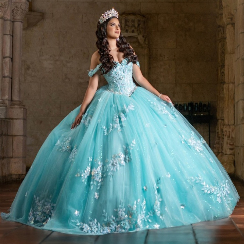 Water Blue Off The Shoulder Princess Ball Gown Quinceanera Classic Applique Lace Beads Tull Sweet 16 Dress Vestidos 15 De