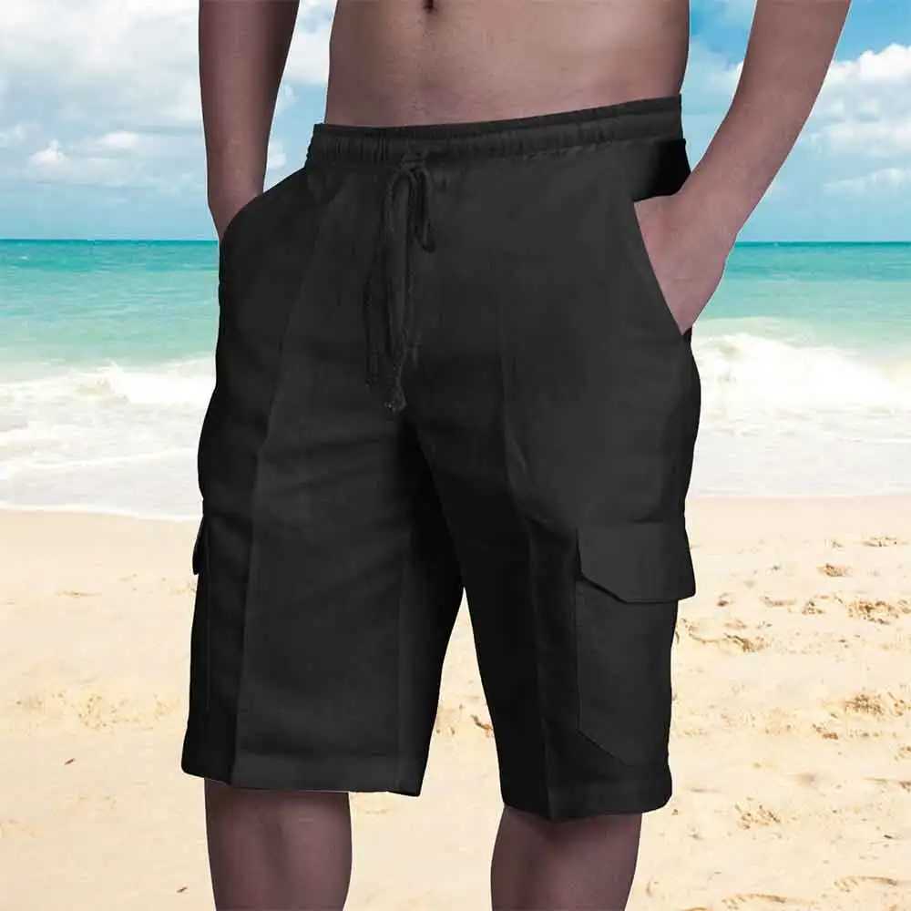 Solid Color Men Beach Shorts Cotton Linen Multi-pocket Drawstring Shorts Summer Casual Thin Pantaloons Streetwear Straight PantsXJ240817