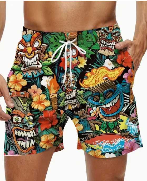 Mens Ethnic Style Skull Pattern Board Shorts With Drawstring Chic And Trendy Shorts For Summer Beach Holiday Leisurewear ShortsXJ240817