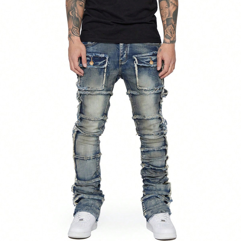 vintage cargo jeans mens stretch torn washed Y2k pants straight leg patch denim Trouser 240816