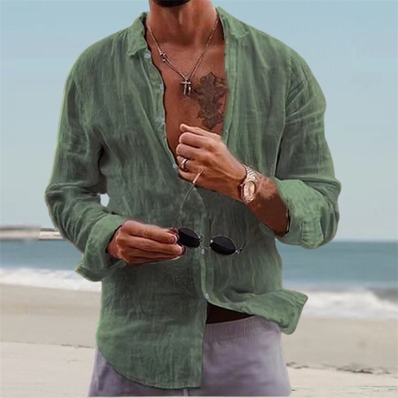 Autumn Men Plain Cotton And Linen-Blend Loose Lapels Long-Sleeved Casual Cardigan Beach Shirt 240816