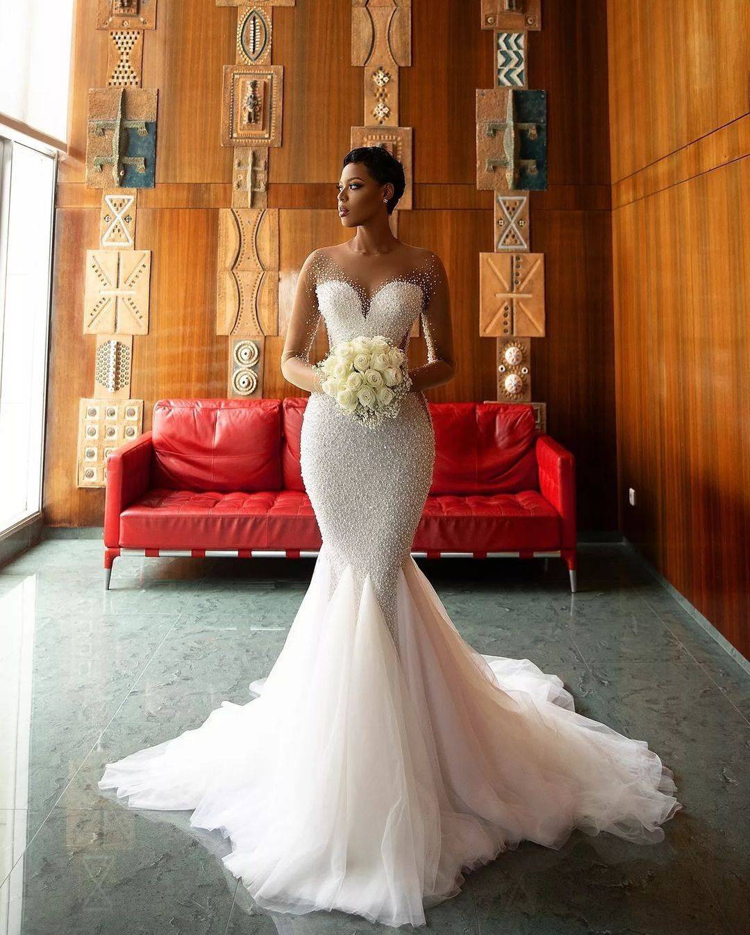 Mermaid Wedding Dress Pearls Beaded Bridal Gowns Sheer Neck Custom Made Long Sleeve Bride Lace Up Sweep Train Vestido De Novia 0218