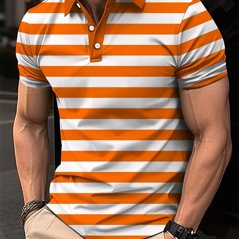 2024 Mens Summer Short Clothes Sleeved Lapel 3D Digital Printed Striped Polo Shirt Mens Business Casual Top Clothes 240816