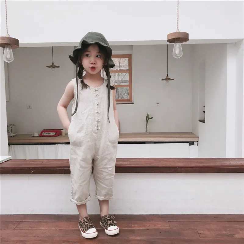 2024 summer new unisex childrens all inclusive Korean style linen sleeveless baby boy and girl jumpsuit childrens clothing casual Trouser W240806