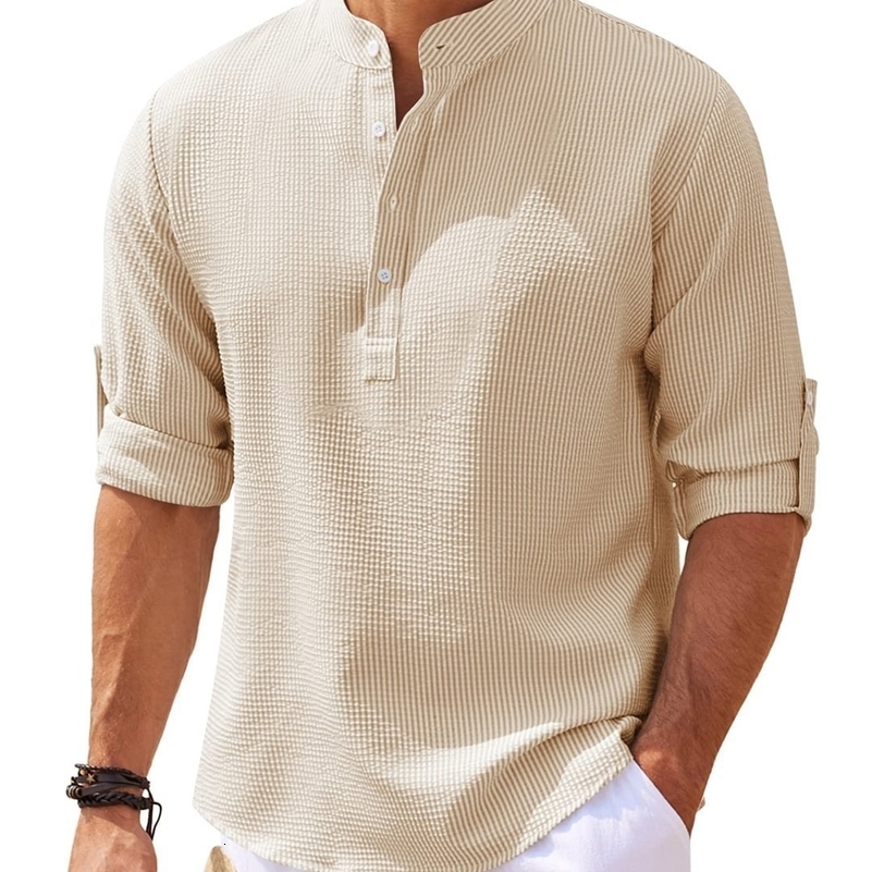 Cotton Linen Mens Long-Sleeved Shirts Spring Autumn Solid Color Stand-Up Collar Casual Beach Style Plus Size S-5XL 240816CJ