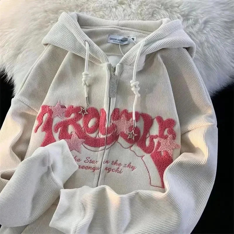 Women Letter Printed Hoodies Autumn Vintage Zip Up Loose Hooded Sweatshirts Harajuku Y2K Long Sleeve Jacket Clothes 240816