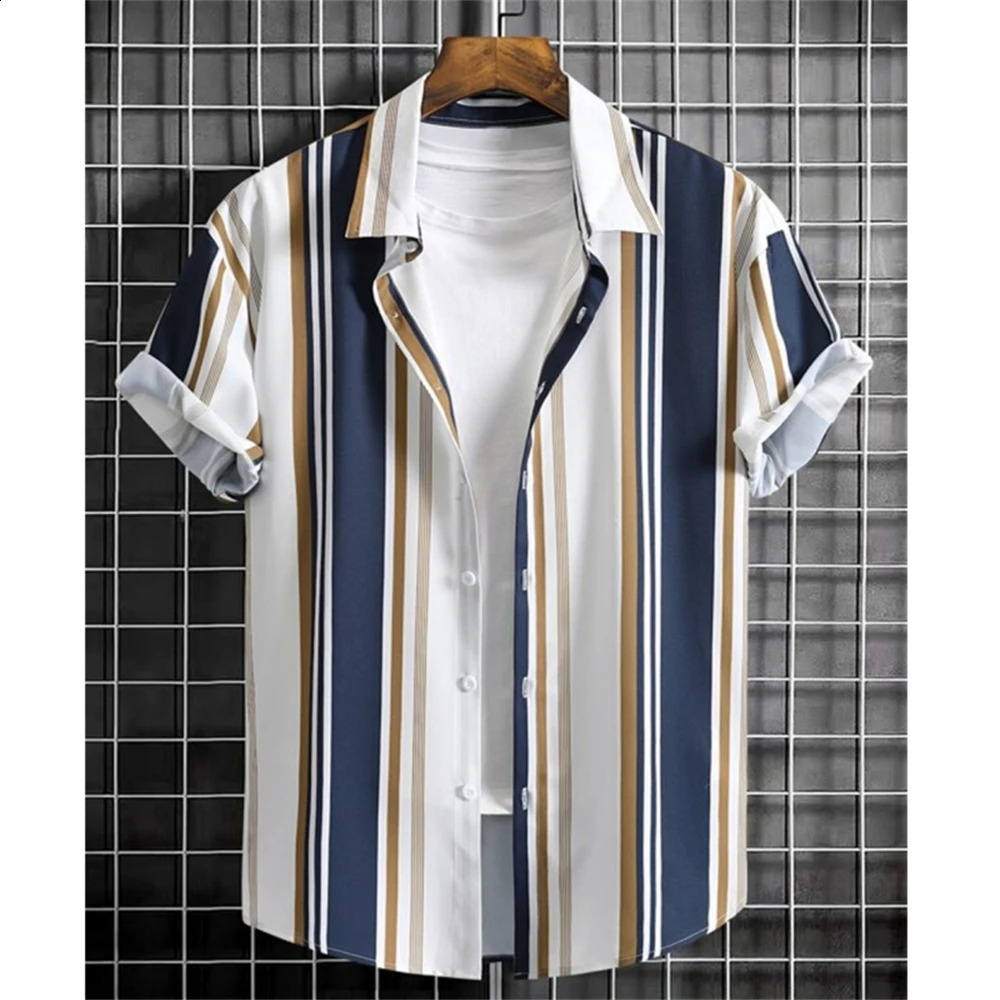 Striped Print MenS Shirt Summer Loose Casual Short Sleeve Shirts Simple Fashion High Quality Men Clothing Tops Hawaiian Shirts 240816