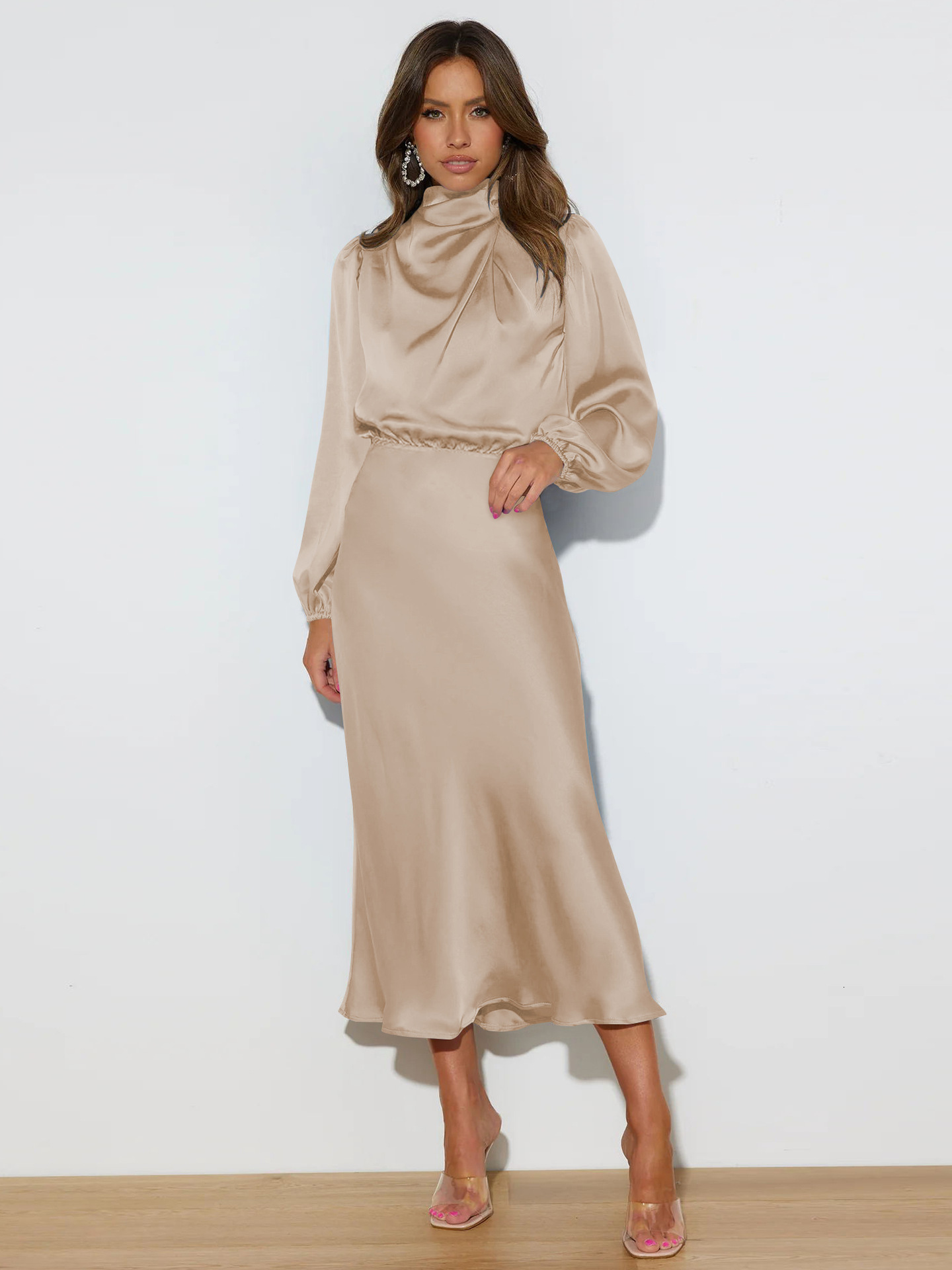 Autumn New High-end Satin Long Sleeved Loose Dress with Elegant Temperament Womens Evening Gift Dress