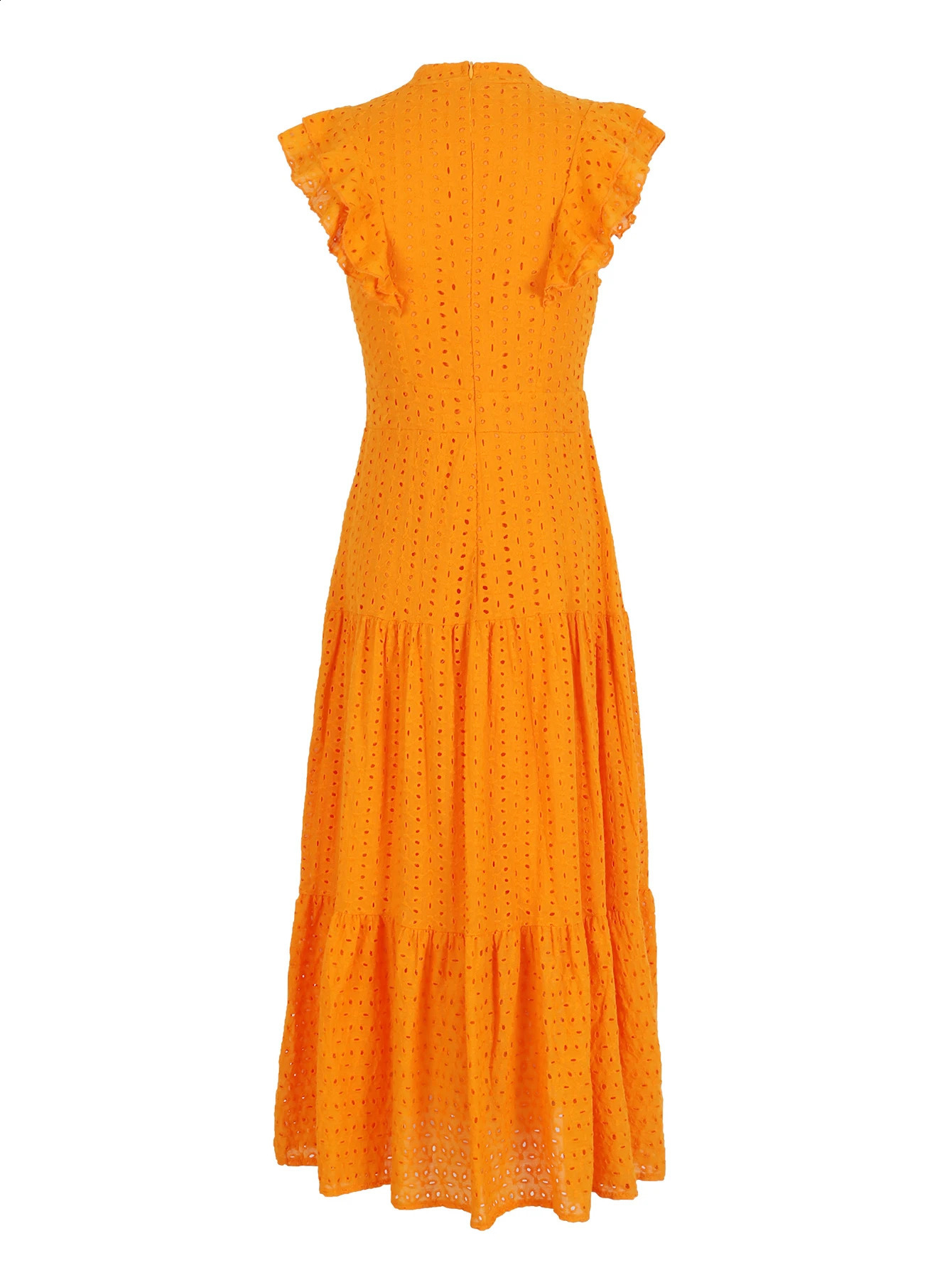 Bohemian Solid Hollow Out Elegant Women Dress O Neck Flying Sleeve Button Long Dress Summer Chic Casual Beach Women Clothing 240816