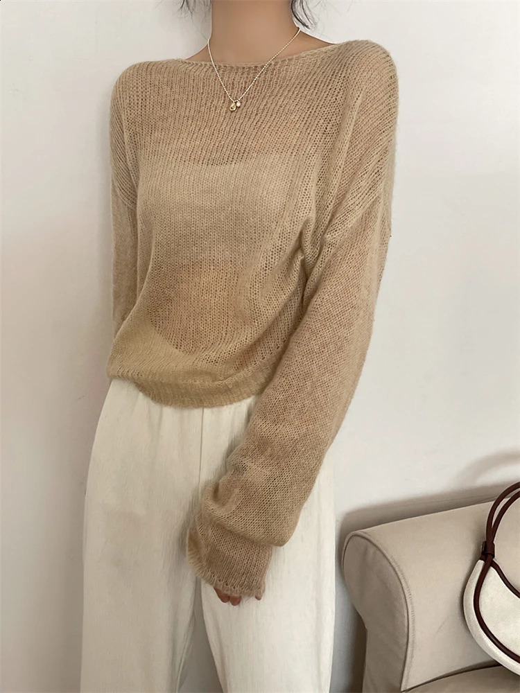 Lamb thin knitted sweater womens long sleeved solid color transparent pullout fashionable top springsummer 2R4360 240819