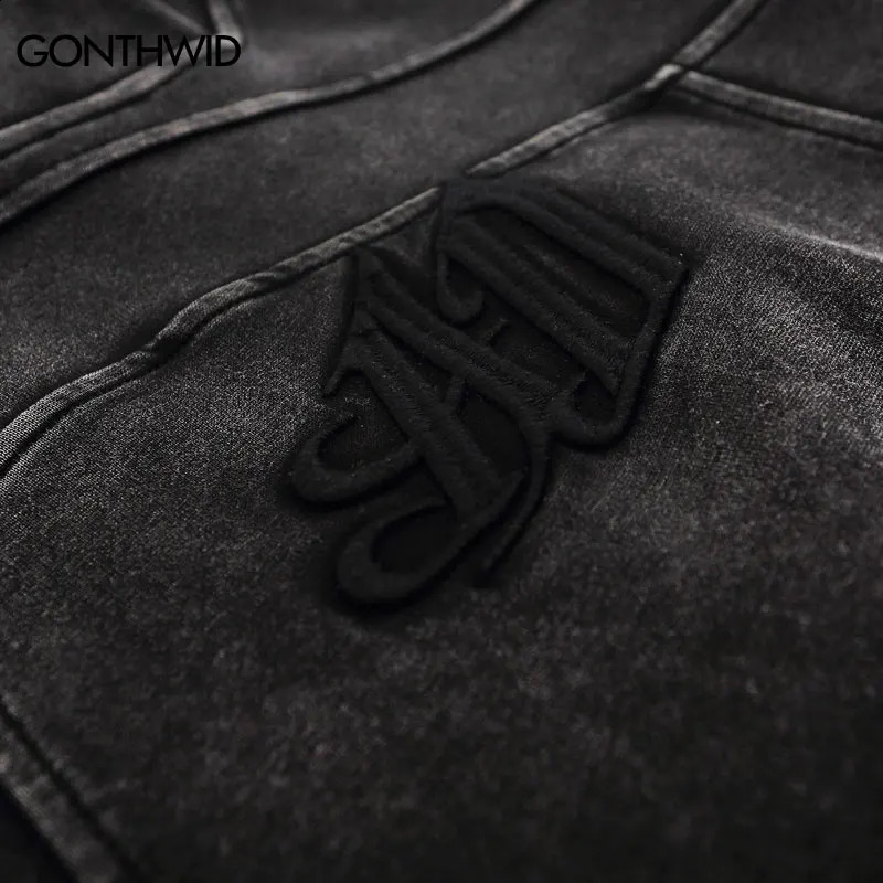 hip-hop streetwear retro washed black hoodie sweatshirt mens embroidered letter hoodie Harajuku hoodie zipper Y2K 240909