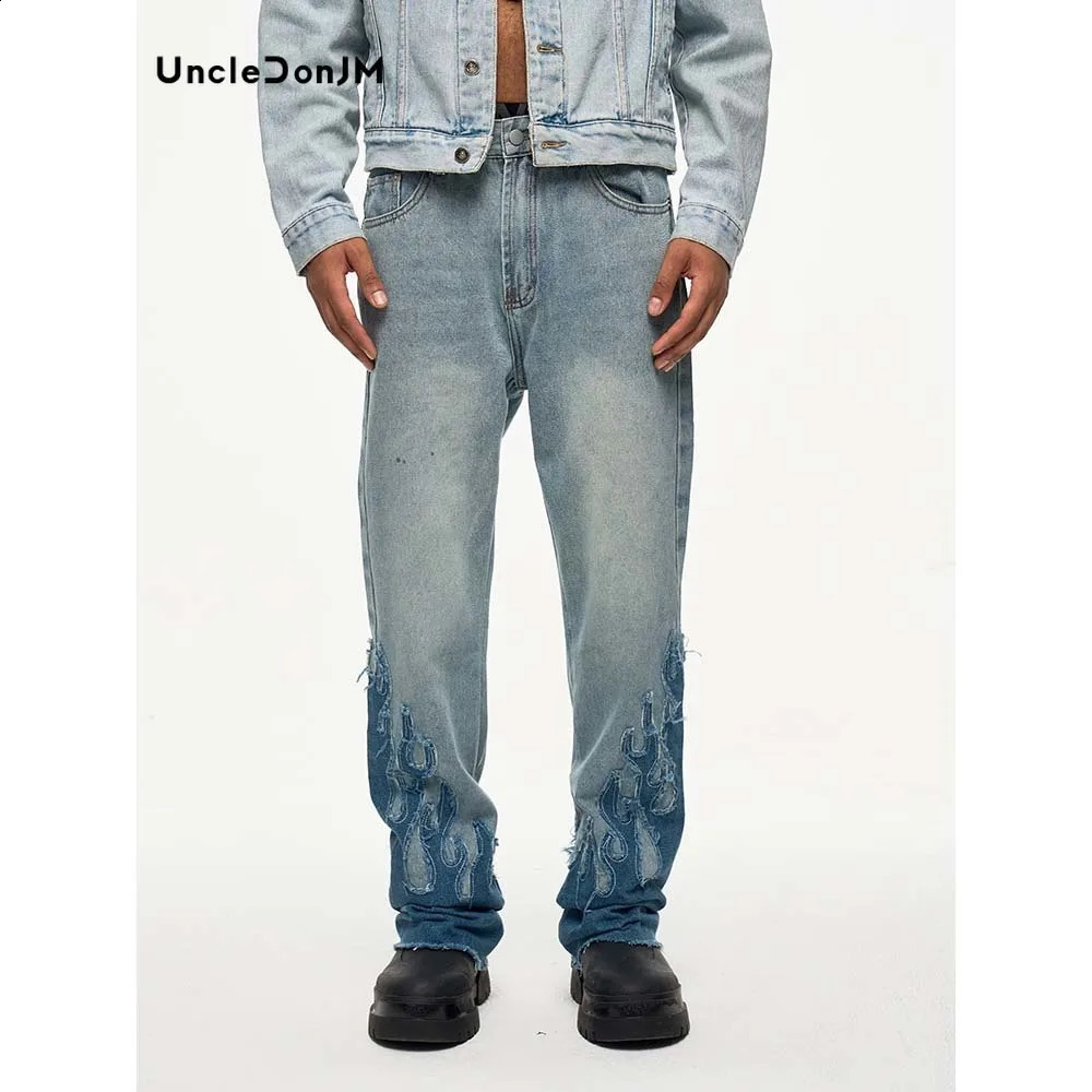 Flame retardant patch jeans street mens tight pants Y2k mens jeans 240819