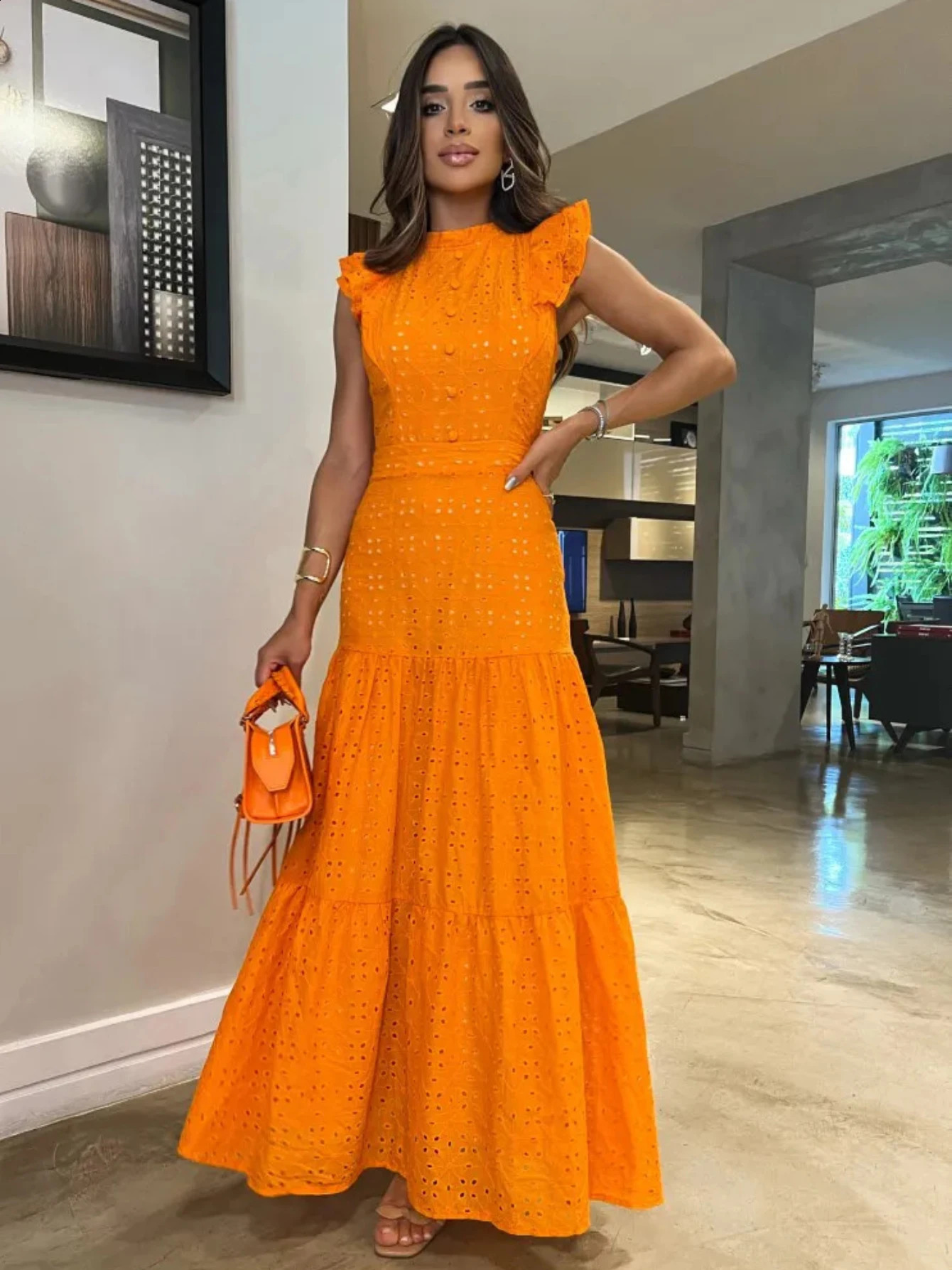 Bohemian Solid Hollow Out Elegant Women Dress O Neck Flying Sleeve Button Long Dress Summer Chic Casual Beach Women Clothing 240816