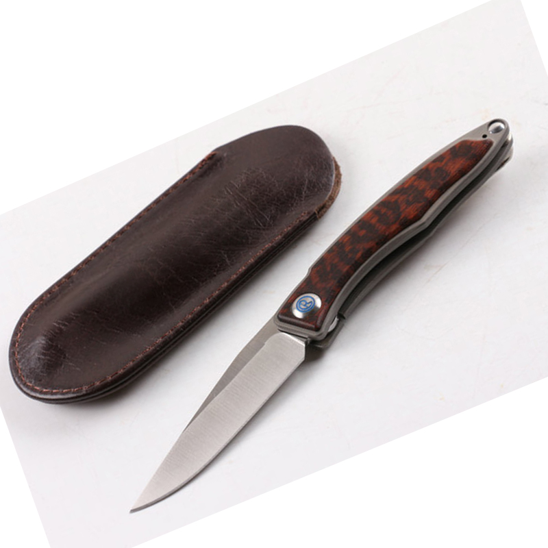 High End Real M390 Steel EDC Pocket Folding Knife Hand made Satin Blade TC4 Titanium Alloy Snakewood Handle with Leather Sheath