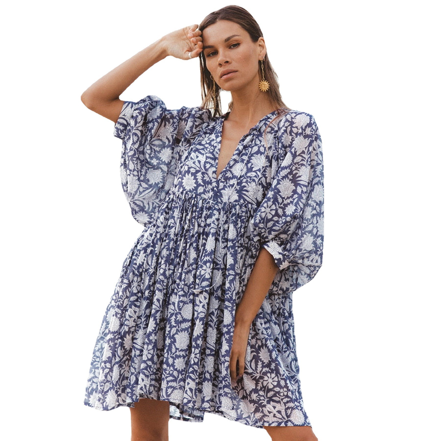 Summer Fashion Womens Floral Tie Loose Casual Cotton Dress Seaside Holiday Skirt