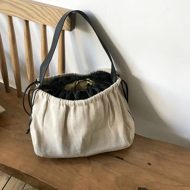 Korean Contrast color Women handbag Drawstring canvas ladies shoulder bag large capacity travel bag female big bolsas bao 240816