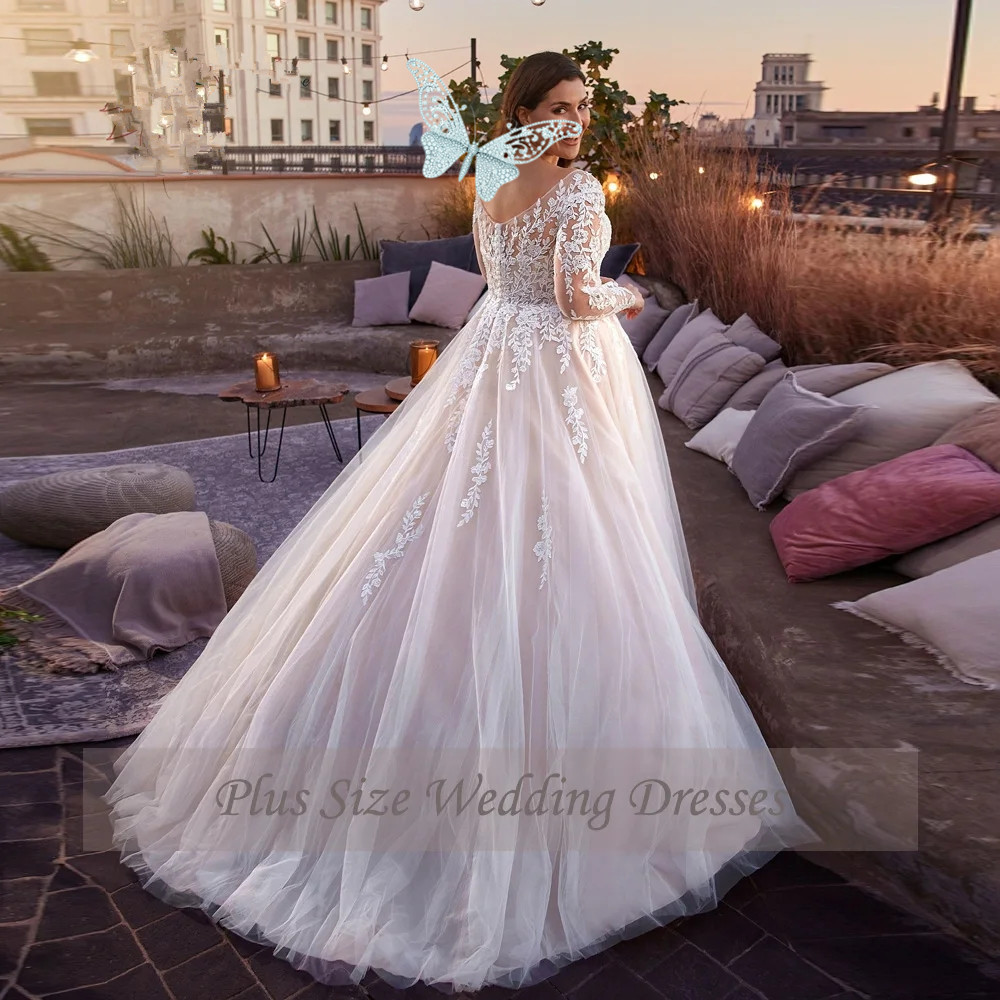 Boho V-Neck Wedding Dresses Plus Size Long Sleeves Lace Tulle Bridal Gowns Appliques Sweep Train A-Line Vestidos De Novia Plus Size
