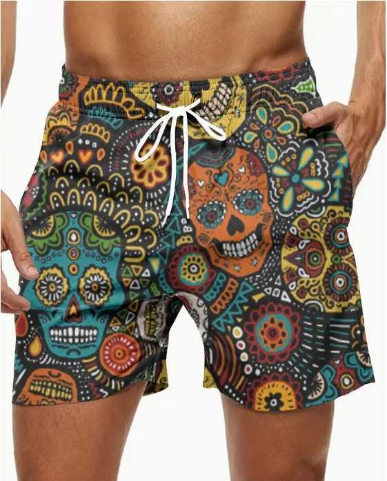 Mens Ethnic Style Skull Pattern Board Shorts With Drawstring Chic And Trendy Shorts For Summer Beach Holiday Leisurewear ShortsXJ240817