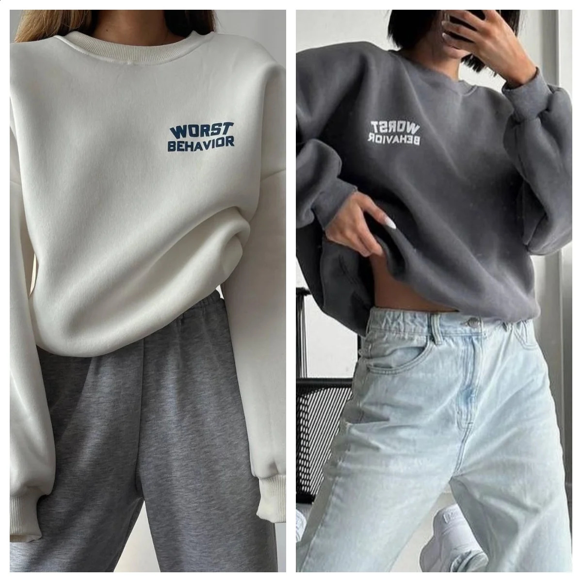 Early Autumn Korean Womens Fashion Letter Printing Round Neck Loose Plus Wool Hoodie 240814