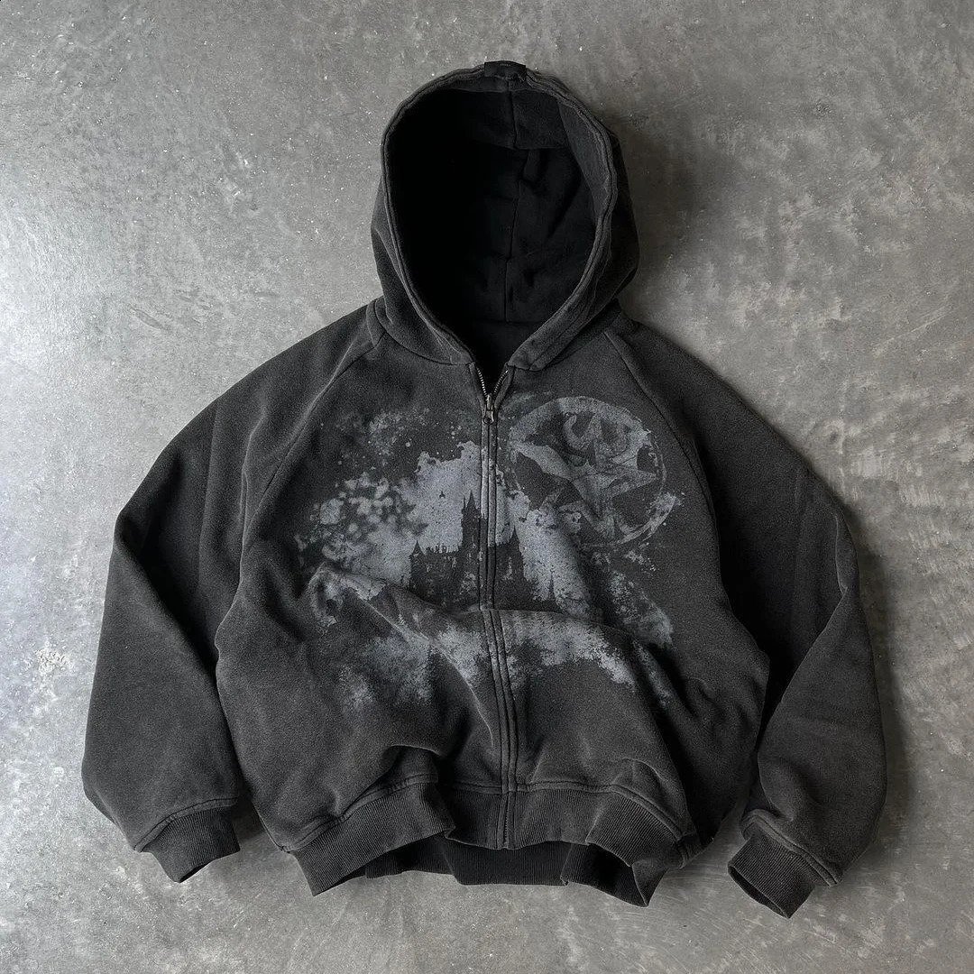 British Gothic punk style printed star patch embroidery mens and womens hooded cardigan Harajuku retro oversized batwing sleeve top 240819