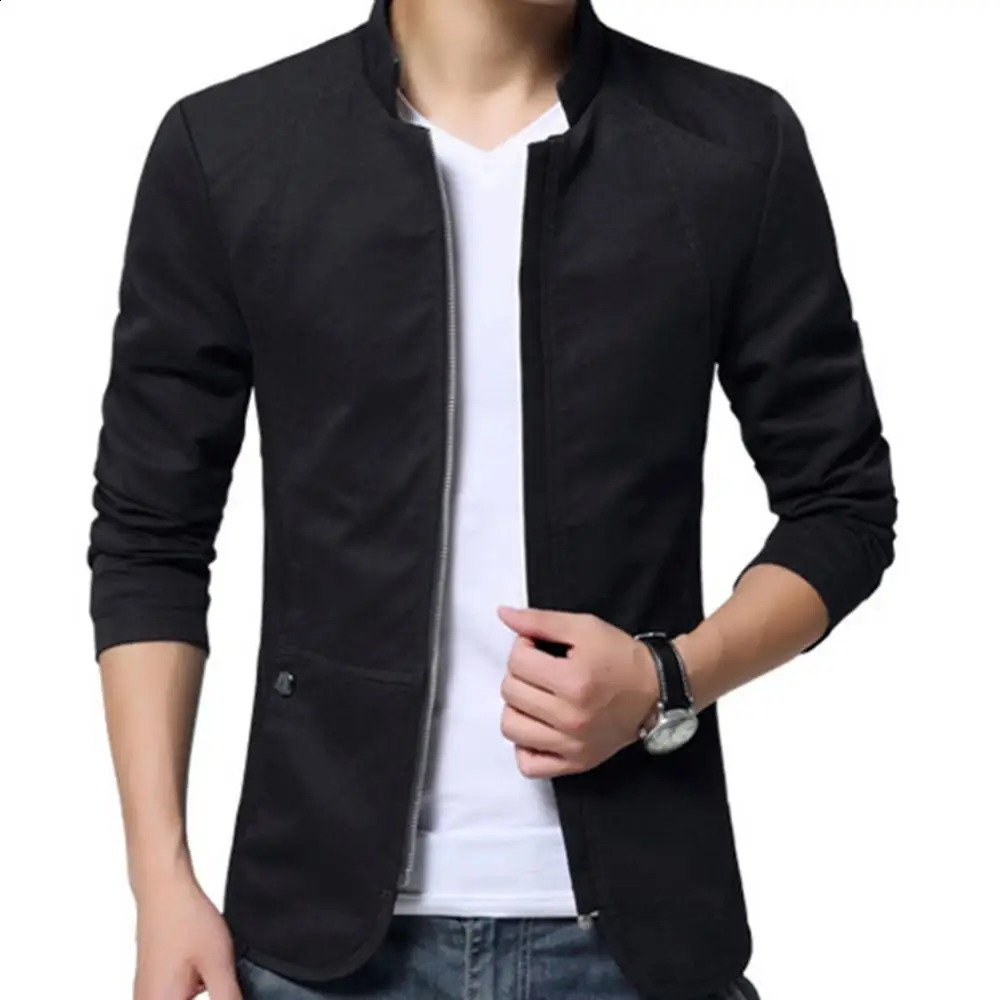 Mens Casual Blazer Men Autumn Solid Color Stand Collar Zipper Pockets Thin Slim Blazer Coat Slim Suit Jacket Gentlemen Blazer 240816
