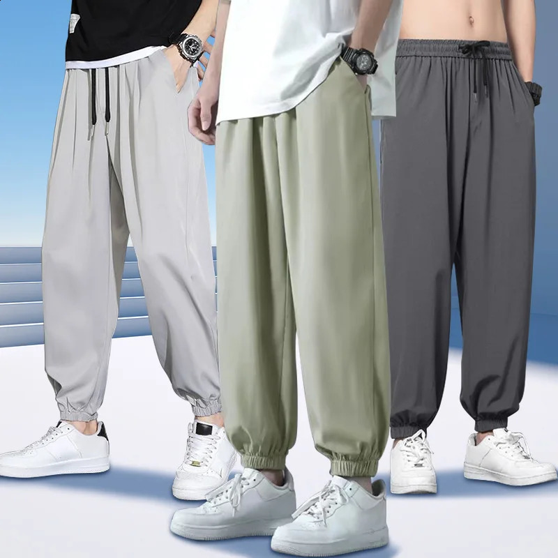 Summer Breathable Ice Silk Thin Quick Dry Running Pants Men Joggers Sportswear Baggy Trousers Male Casual Sweatpant Streetwear 240819