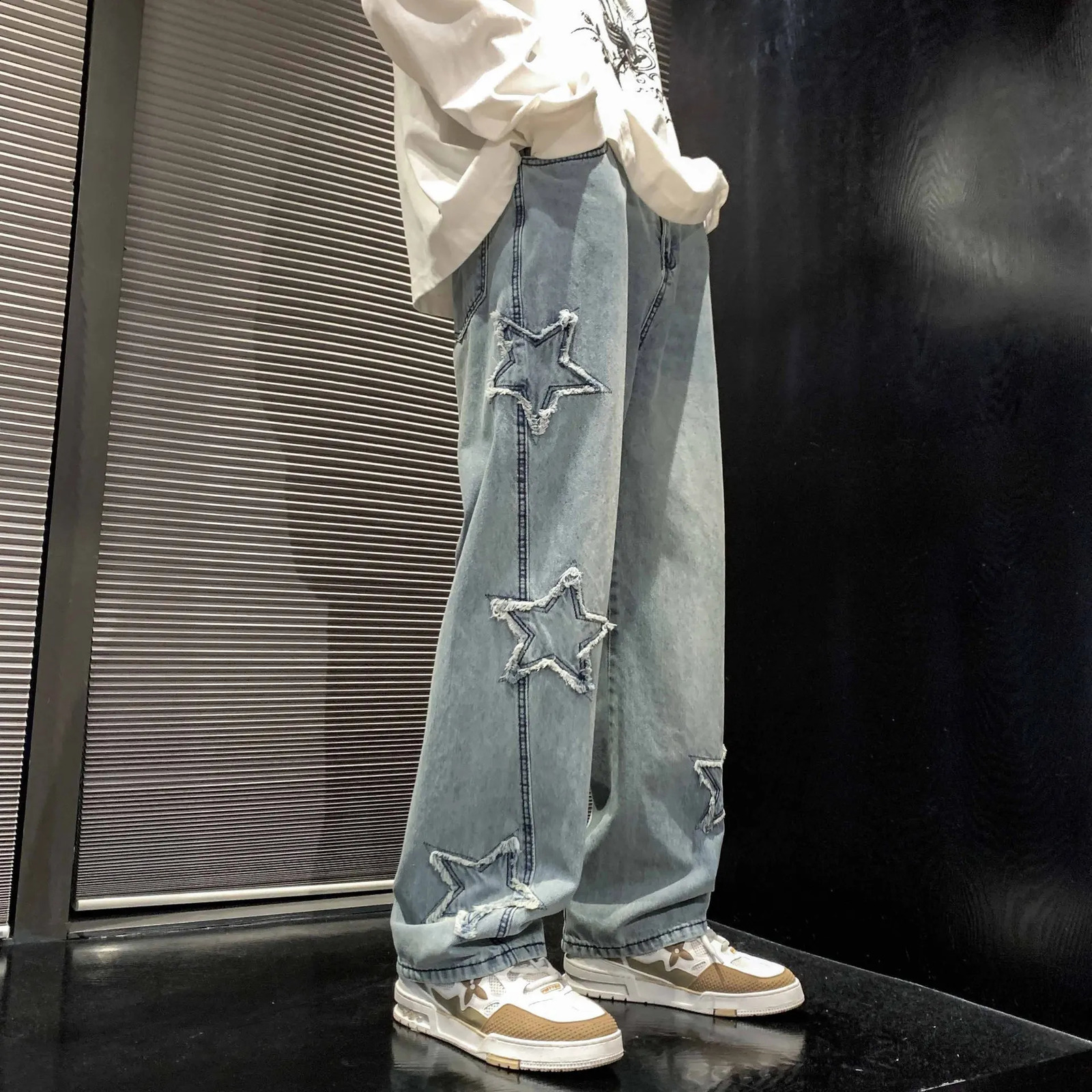 Mens Jeans Star Embroidered Ripped Hole Pants Graphic Motorcycle Loose Hip Hop High Street Punk Denim Clothing 240819