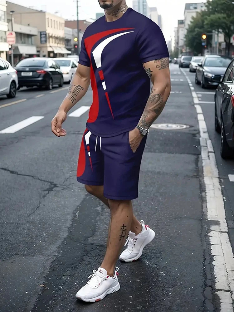 Summer Street Mens Suit Daily Casual Fashion Loose Comfortable Short Sleeves Outdoor Trend Sports Shorts Novelty Striped Print 240816