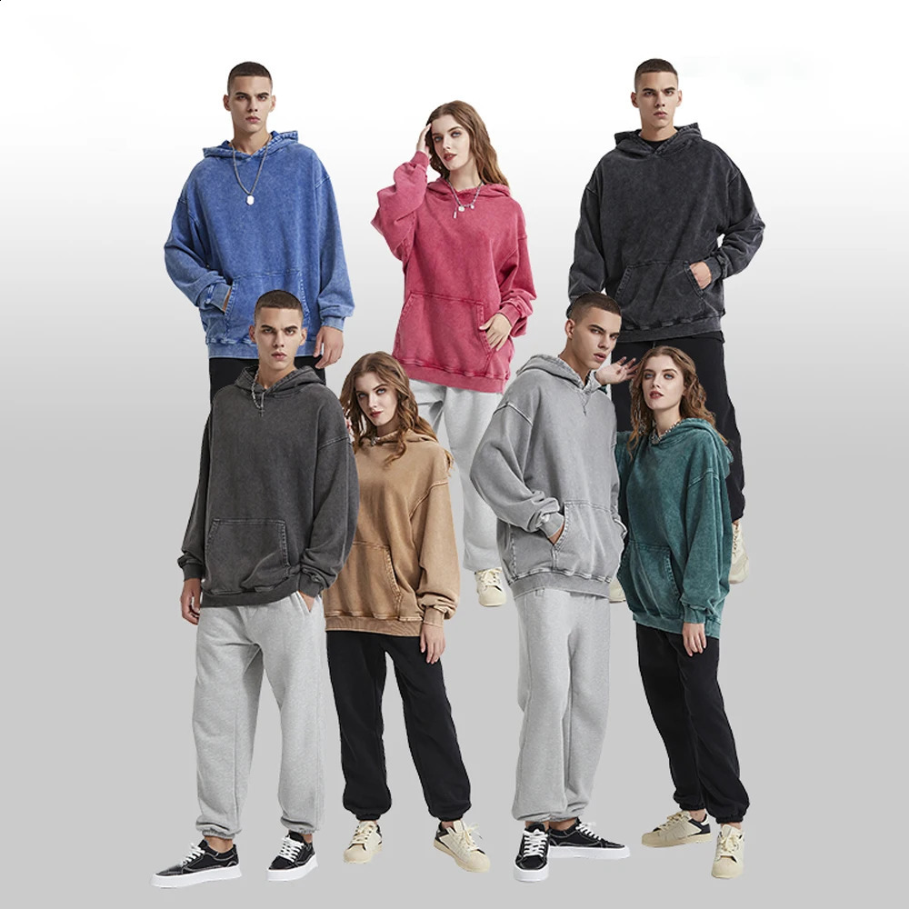 Hoodies Men Solid Washed Simple Distressed Tracuit Tops Haruku Streetwear Vintage Loose Autumn Winter Sweatshirt Clothing 240816