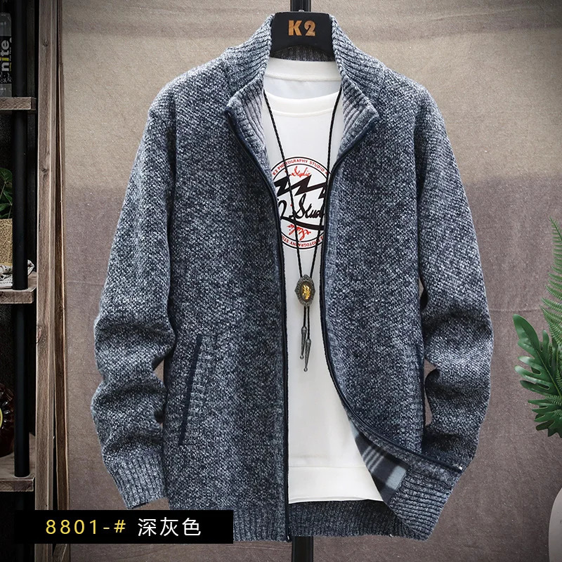 Mens Winter Autumn Fleece Sweater Zipper Cardigan Korean Warm Jacket Coat Sports Male Jumper Knit Clothing Brown Jacket 240816