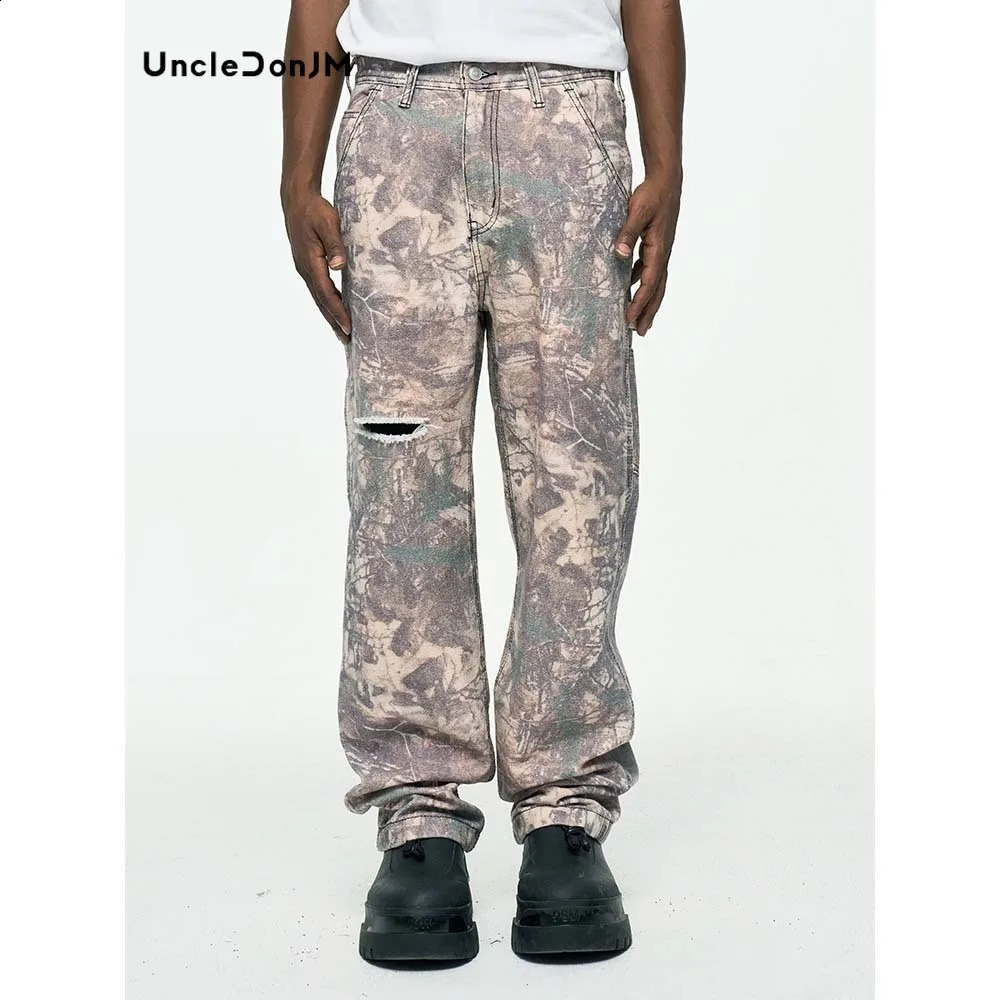 Leaf camouflage faded knife cut jeans mens hip-hop Y2k mens jeans 240819