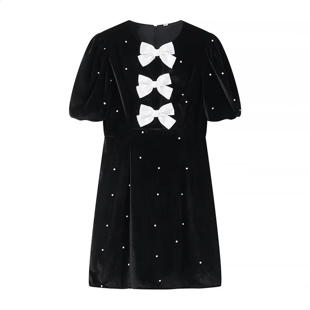 UNIZER Spring Product Womens Fashion and Elegance Slim Fit Velvet with Diamond Bow and Bubble Sleeve Dress 240819
