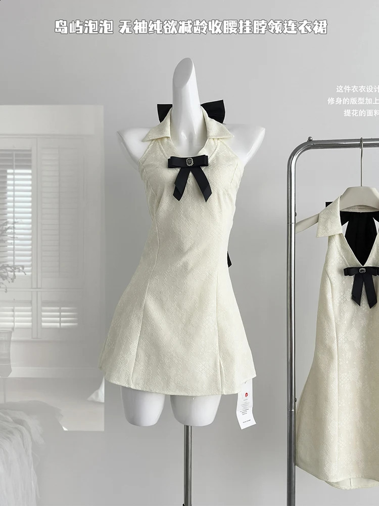 Summer French Vintage Prom Gown Old Money Mini Sleeveless Bow Dress Women Backless Frocks One-Piece Party Elegant Evening Gyaru 240819