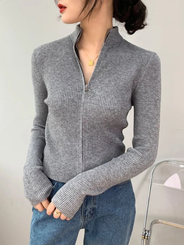 Autumn Zipper Cardigan Women Sweaters Knitted Long Sleeve Stand-up Collar Tops Korean Fashion Short Sweater for Female 240819