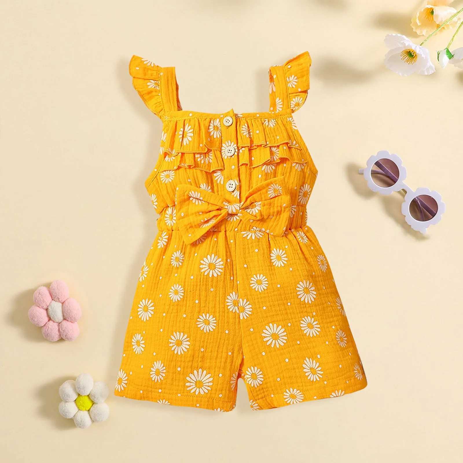 Sun Flower Small Flying Sleeve Yellow Bow Summer Jumpsuit Girls Sut Baby Summer Dress W240806