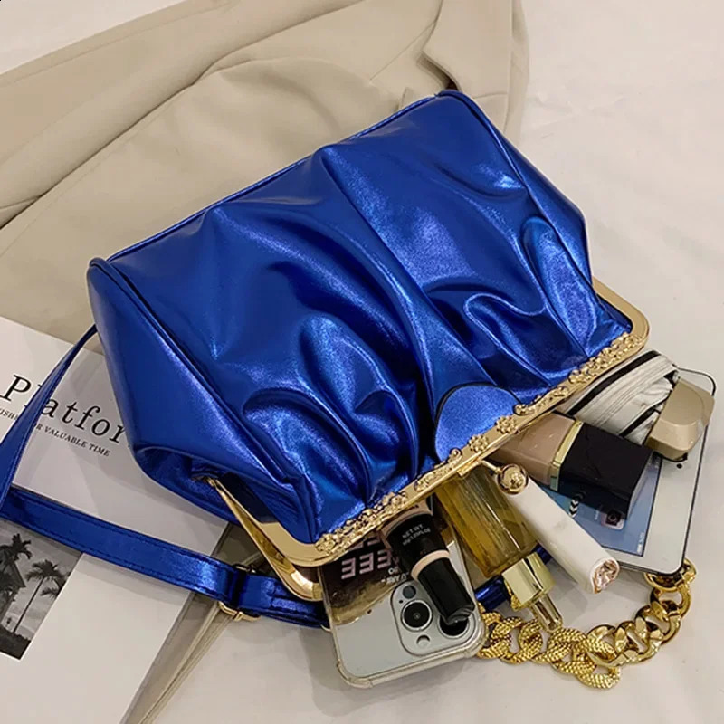 Womens Chain Shoulder Bag Kiss Lock Case Clip Womens Silver Blue Green Pu Leather Handbag and Wallet Friction Body Bag R250317