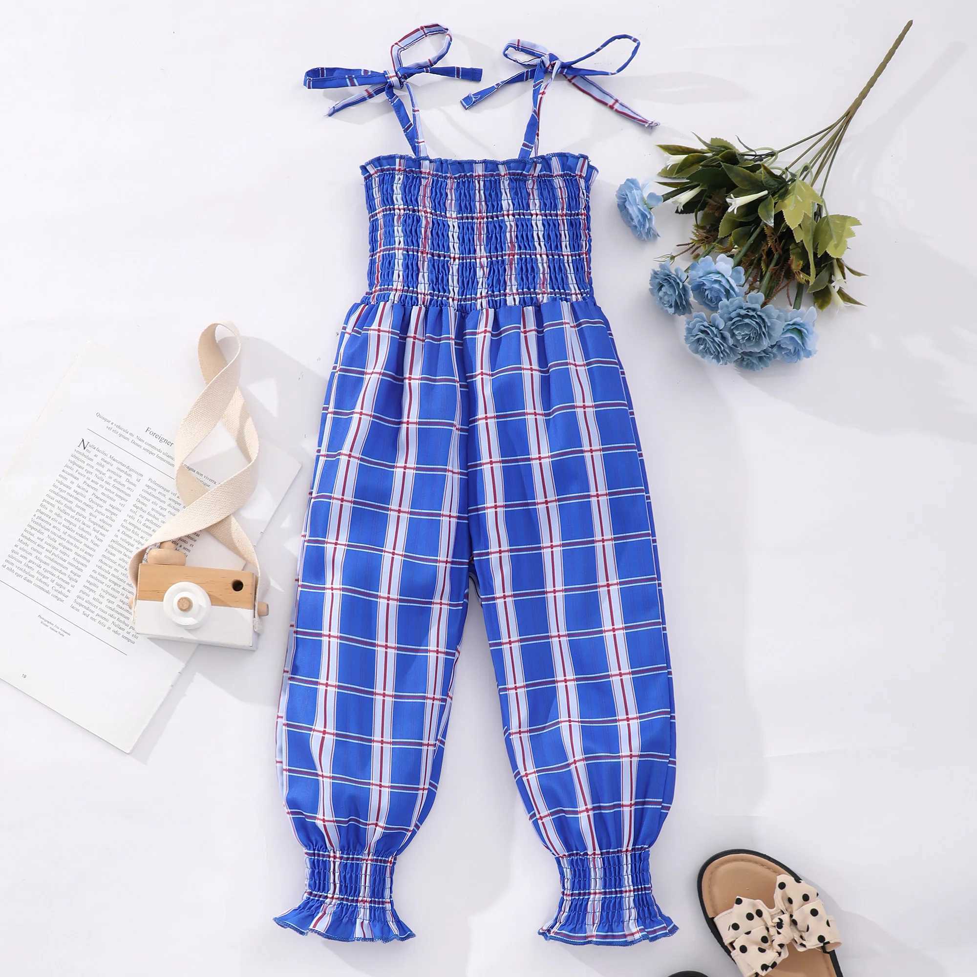 Sweet Girls Plaid Bow Decor Cami jumpsuit summer party gift W240806