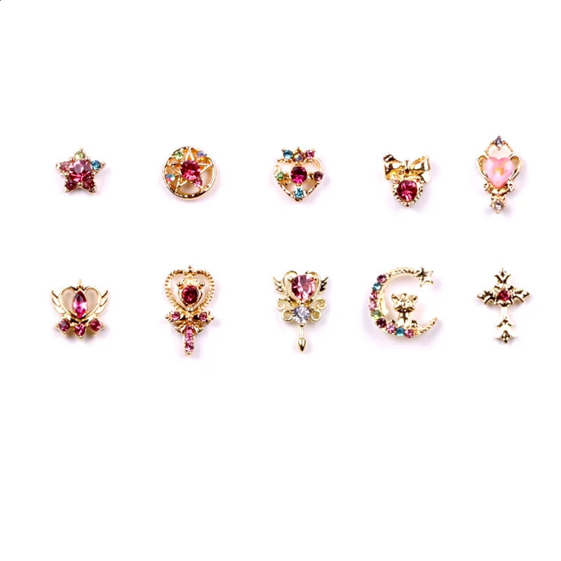 10pcs Nail Art Alloy Rhinestones Decorations Moon Magic Wand Various Shape Nail Charms Jewelry Shiny Strass Accessories 240814