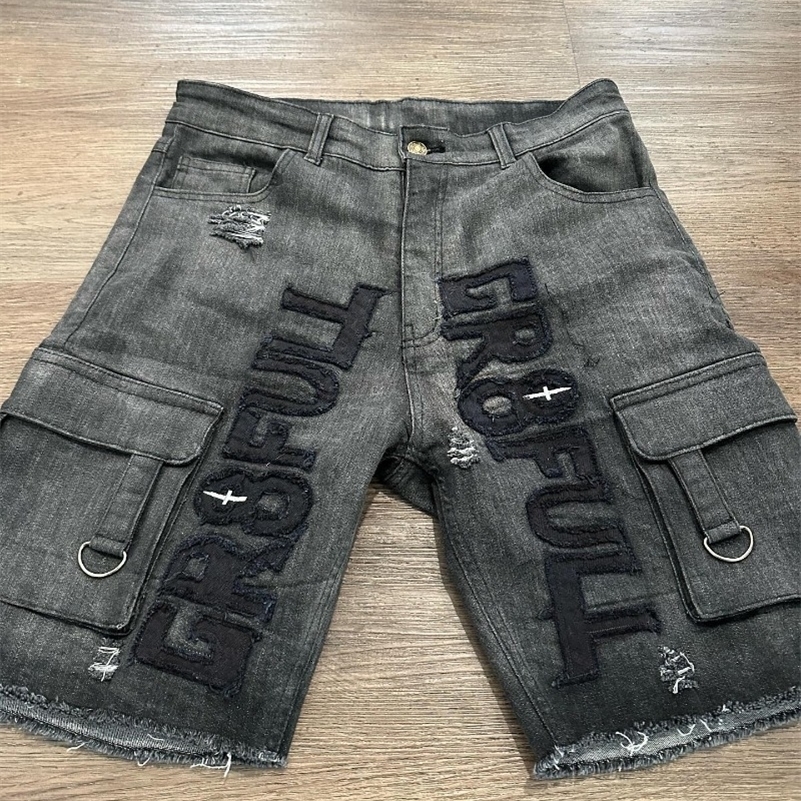 American Fashion Letter Patch Baggy Denim Shorts Men Y2K Street Punk Casual Joker High Waist Sport Shorts Men And Women 240816