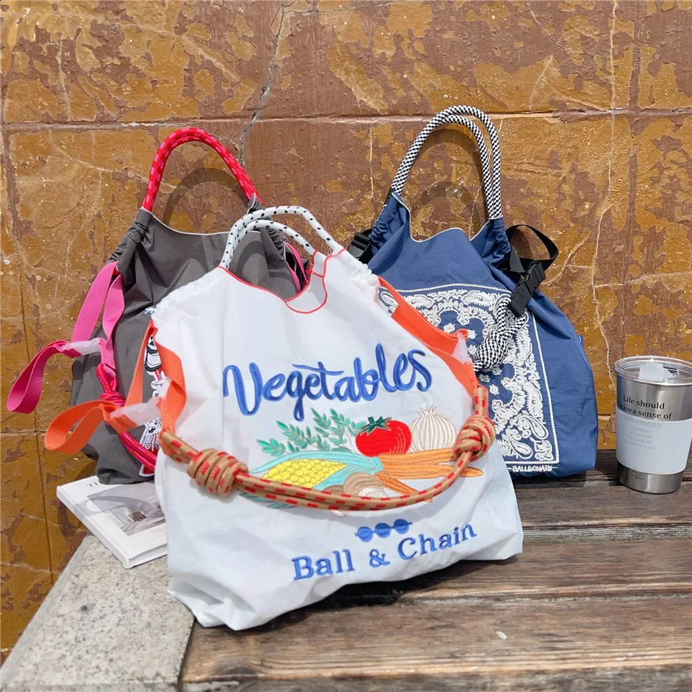 3 Overlarge Embroidery Shoulder er Eco Bags for Women Rope Handle Handbags Drawstring Bag Reusable Shopper Tote 240819 4