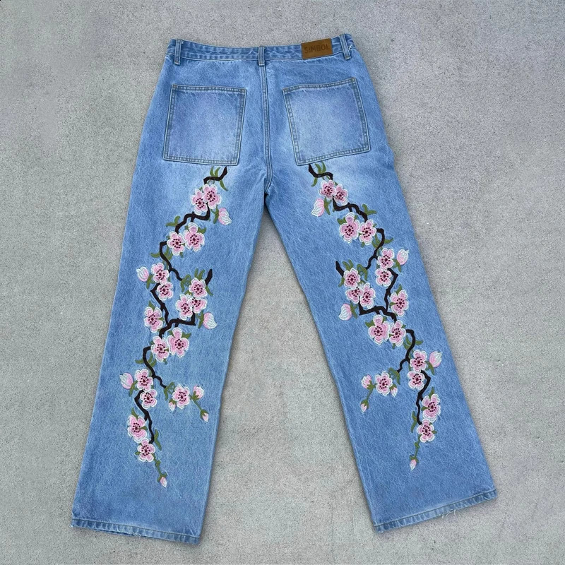 Y2K Denim Pants Harajuku Sakura Pattern Embroidery Jeans Men Women Retro High Street Casual Straight Leg Pants Unisex Streetwear 240819