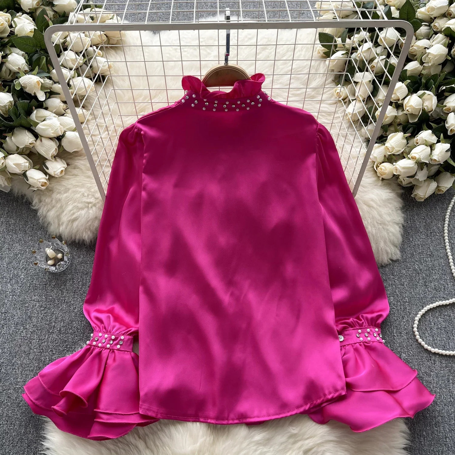Vintage Rhinestone long sleeved shirt ultrathin elegant fashion crop top sexy spring and autumn womens 240819