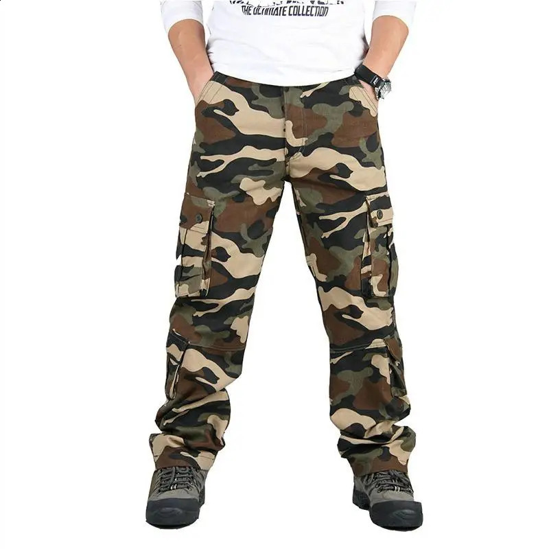 Mens Tactical Camouflage Overalls High-Quality Cotton Multi-Pocket Trousers Sports Training Casual Work Pants 240812