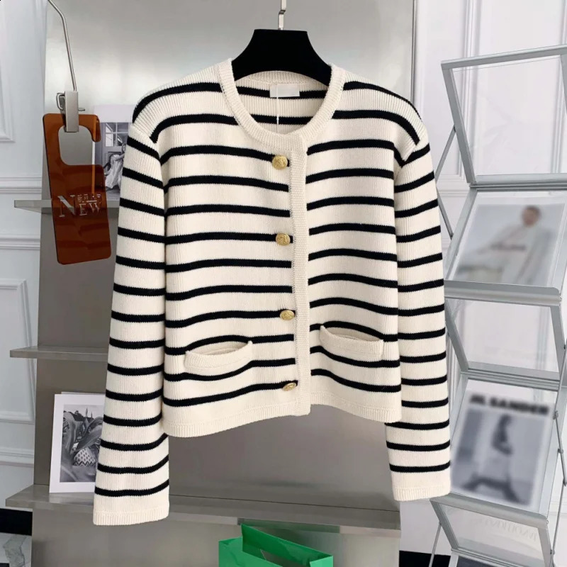 Womens long sleeved round neck button up front striped knitted cardigan wool sweater 240819