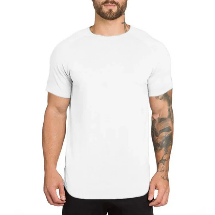 Plain Gym Clothing Fitness Short Sleeve T Shirt Men Summer Fashion Extend Hip Hop T-shirt Cotton Bodybuilding Muscle Tee shirt 240816