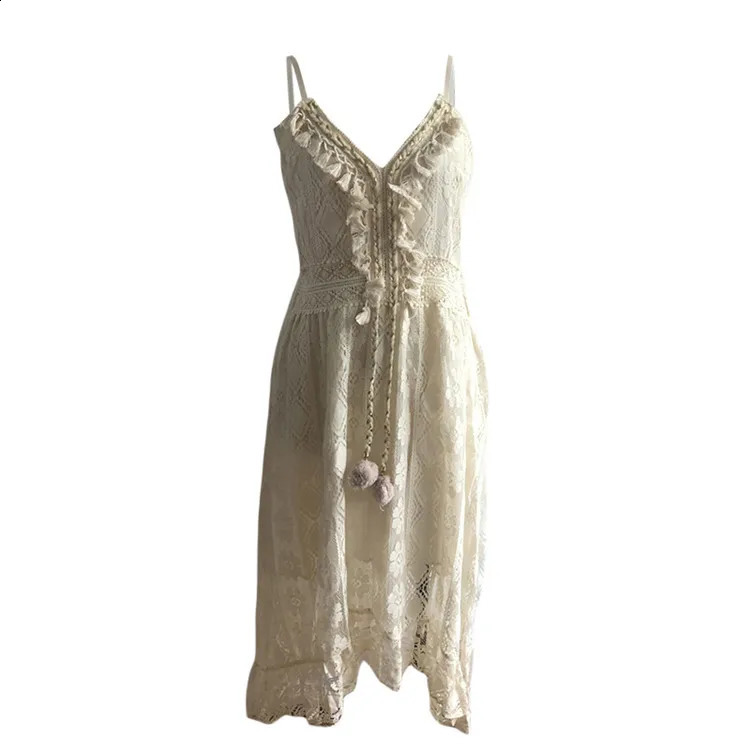 Women Lace Boho Style Long Dress Solid Color Deep V-neck Sleeveless Beachwear High Waist A-Line Summer Wild Sling Dress For Lady 240816