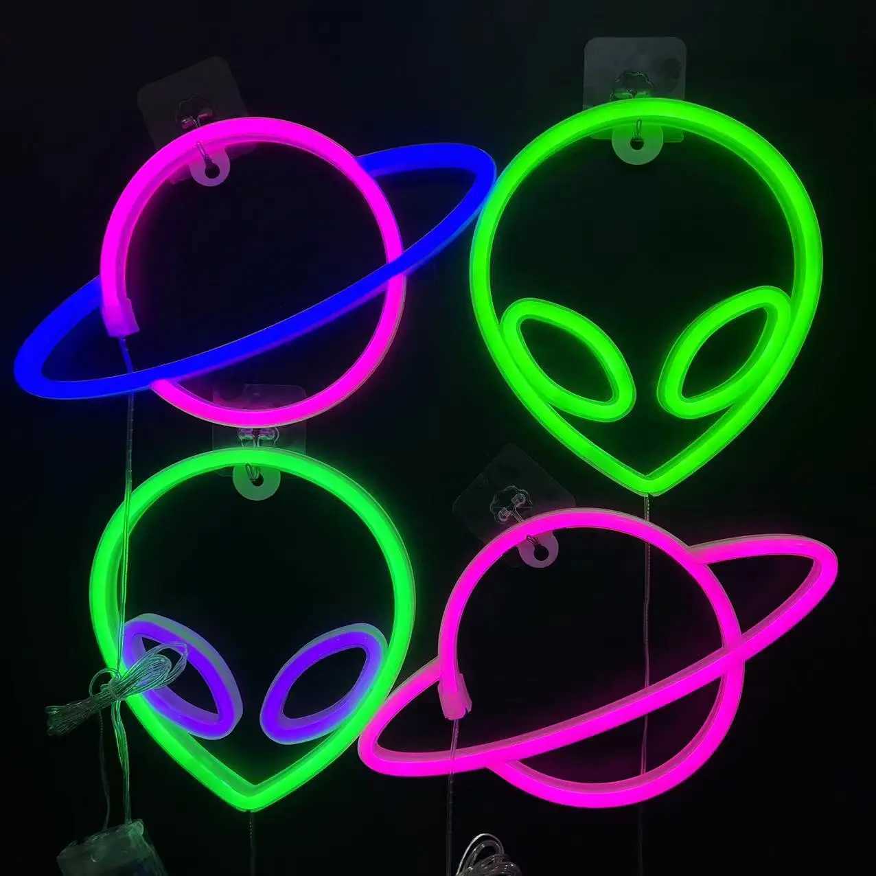 Neon Sign Alien Face Shaped Wall Mounted Light for Home Gaming Room Saucerman Factory LED Night Light Christmas Party Holiday Art Decoration W240816