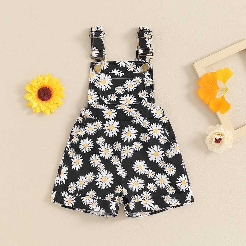 FOCUSNORM 0-6Y Summer Little Girl Full Body Shorts Casual Sunflower Printed Sleeveless Shoulder Strap Button Pocket jumpsuit W240806
