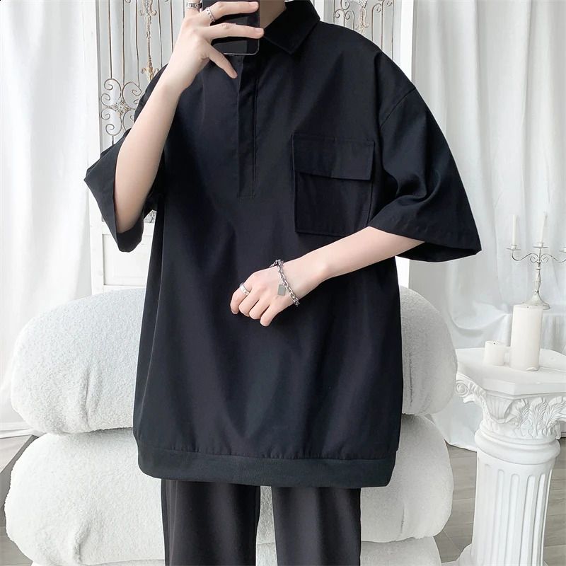 Summer Mens Oversized Polo Shirt Cotton Turn Down Collar Harajuku Vintage Short Sleeve Casual Tops Tees i240819